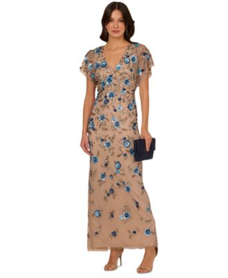 Adrianna Papell Womens Beaded Mesh Column Dre MercuryNude 10
