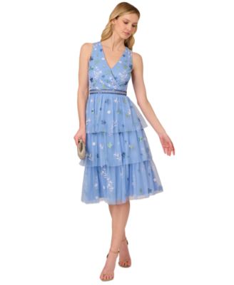 Adrianna Papell Womens Beaded Tiered Mesh Dre Bluebell 6