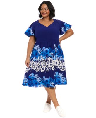 London Times Plus Size Placed-Floral Flutte Navy Cobalt 16W