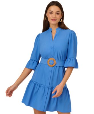 Adrianna Womens Solid Belted 34-Sleev Cool Water 4