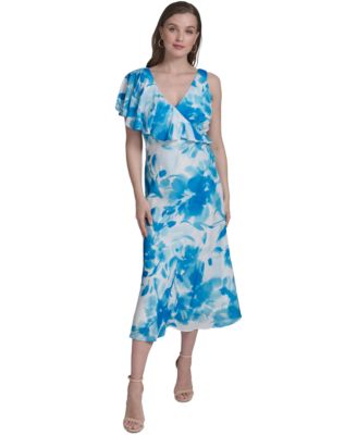 Halston Womens Floral-Print Ruffled O AegeanCream Floral 10