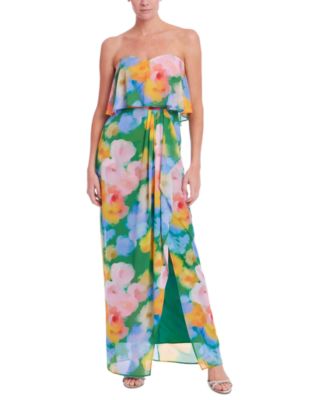 Jewel Badgley Mischka Womens Printed Strapless Maxi Green Multi 2