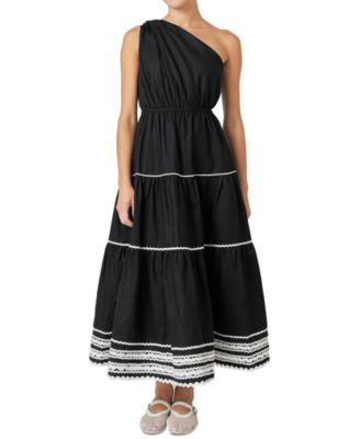 English Factory Womens Scallop-Lace One-Shoul Black M
