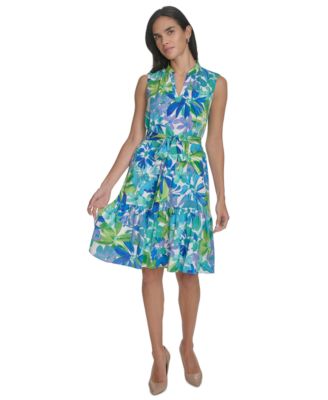 Jessica Howard Petite Printed Tie-Waist Tiere Blue Multi 4P