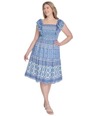 Eliza J Plus Size Printed Square-Neck Blue 14W