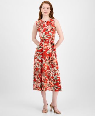 Kasper Printed Tie-Waist Midi Dress, Deep Valencia Multi 10