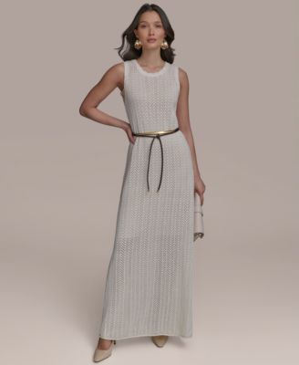 Donna Karan New York Womens Pointelle Knit Belted Cream Gold L