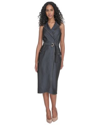 Calvin Klein Womens Belted Denim Faux-Wrap Blue 10