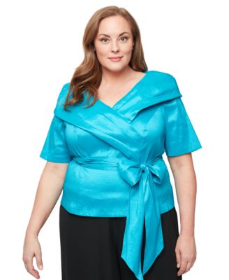 Alex Evenings Plus Size V-Neck Bow-Trim Taff Aqua 1X
