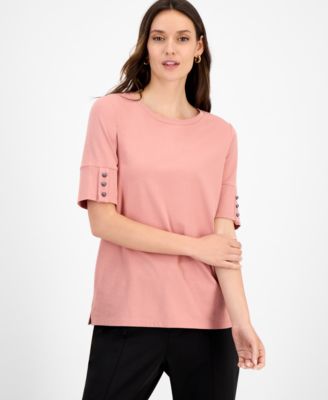 Kasper Womens Button-Cuff Crewneck T Black M