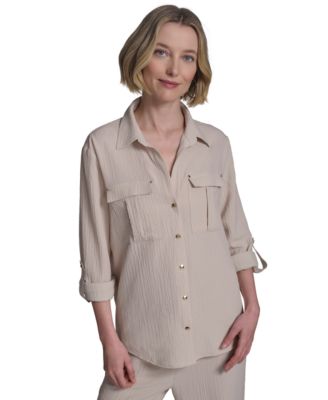Halston Womens Collared Roll-Tab Butt Sand S