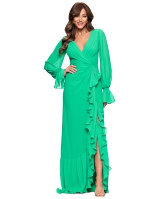 XSCAPE Womens V-Neck Ruffle-Trim Sli Emerald 10