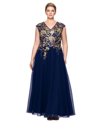 Betsy Adam Plus Size Metallic-Embroidered Navy Gold 14W
