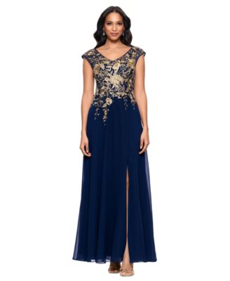 Betsy Adam Womens Embroidered V-Neck Fro Black Gold 10