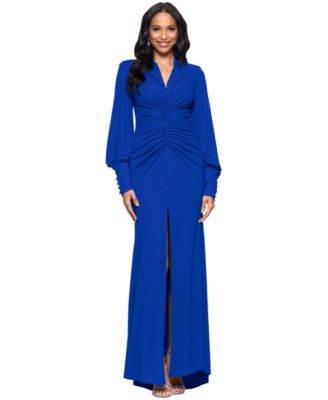 Betsy Adam Petite Long-Sleeve Ruched Gown Cobalt 12P
