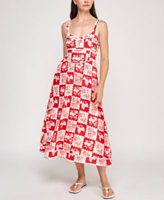 Planet Gold Juniors Floral-Print Pom Pom- Red XS