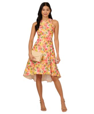 Adrianna Papell Womens Floral-Print Ruffle-Tr Pink Yellow Multi 16