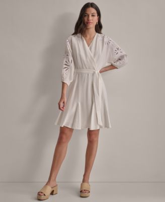 DKNY Womens V-Neck Embroidered-Tri White 8