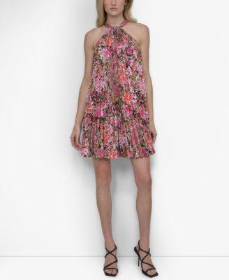 DKNY Petite Printed Sleeveless Plea BlackAzalea 12P