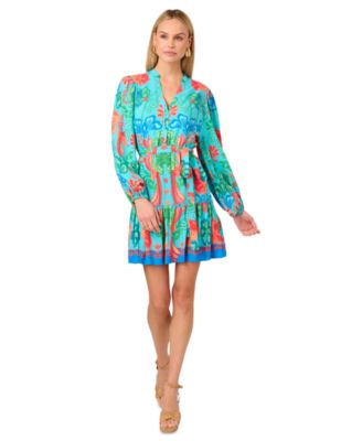 Adrianna Womens Printed Long-Sleeve Dr Blue Multi 16