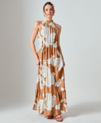 English Factory Womens Floral Halter Maxi Dre Brown Multi L