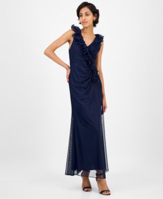 Alex Evenings Petite Ruffled V-Neck Sleevele Navy 14P