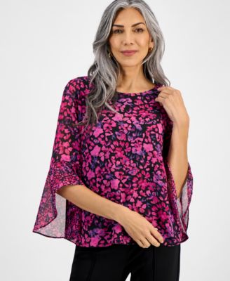 Kasper Petite Floral-Print Bell-Sleev Cerise Multi M