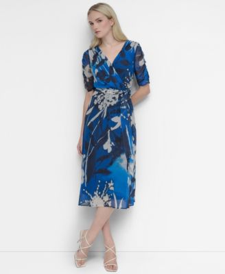 DKNY Womens V-Neck Ruched-Sleeve B IndigoAtlantic Blue 10