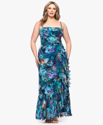 XSCAPE Plus Size Printed Ruffled Slee Teal Multi 16W