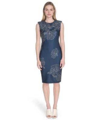 Calvin Klein Womens Sleeveless Scuba Sheat Indigo Antique White 2