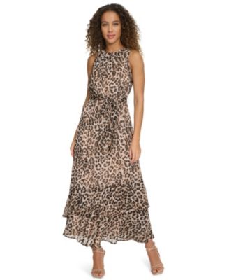 Calvin Klein Womens Halter Chiffon A-Line Khaki Multi 6