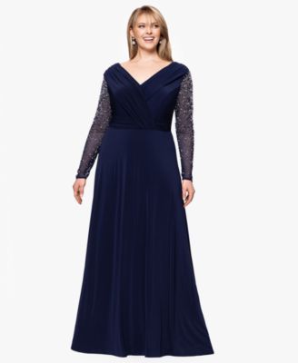Betsy Adam Plus Size V-Neck Beaded Long A Navy, Silver 16W