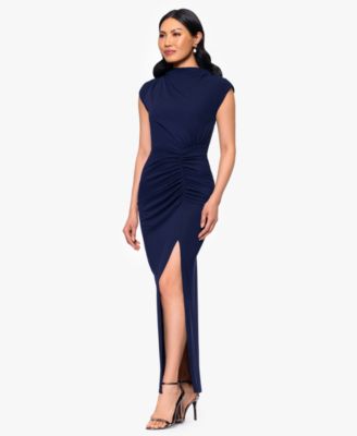 Betsy Adam Petite Mock-Neck Crepe Ruched Navy 12P