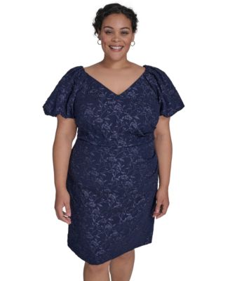 Eliza J Plus Size Puff-Sleeve Jacquard Navy 16W