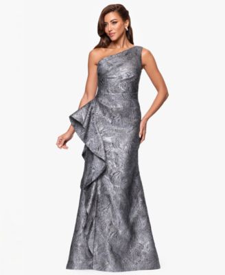 XSCAPE Petite One-Shoulder Ruffled Ja Gunmetal 4P