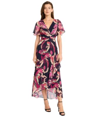 Maggy London Womens Printed V-Neck Midi Fi BlackAppricot 12