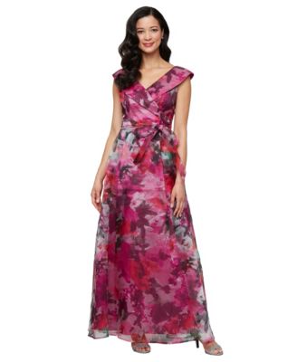 Alex Evenings Womens Printed V-Neck Long A- Fuchsia Multi 14