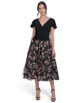 Jessica Howard Womens Embroidered-Skirt Fit Black Poppy 14