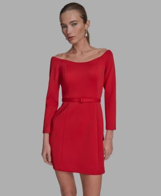 BCBG Womens Belted Boat-Neck A-Lin Red Hot 12