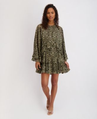 Kensie Womens Printed Ruffled Volume Olv Multi 10
