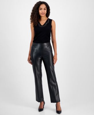 Kasper Faux-Leather Mid-Rise Straight Black L