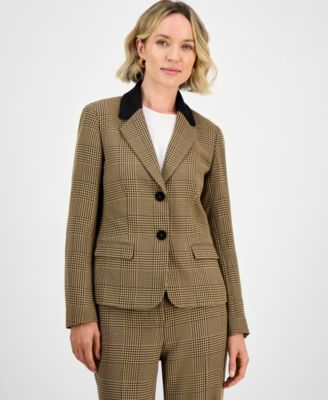 Kasper Plaid Two-Button Notch-Collar Dark Camelblack 18