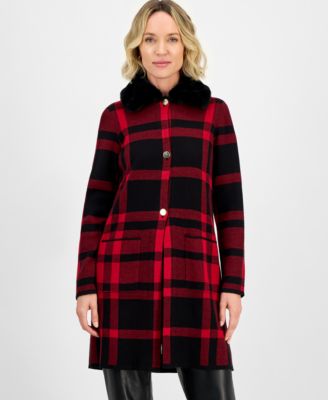 Kasper Womens Plaid Faux-Fur-Collar Fire Redblack XS