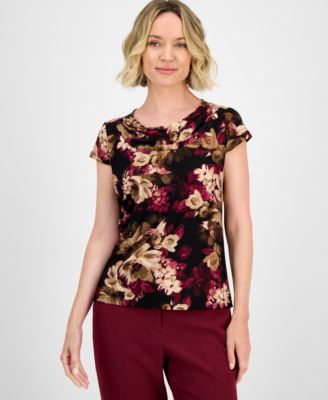 Kasper Floral-Print Cap-Sleeve Cowlne Evergreen Multi L