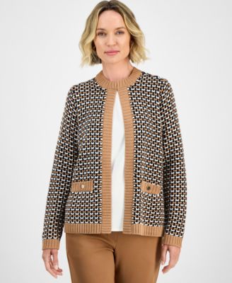 Kasper Womens Textured Contrast-Trim Medium Camel Multi S