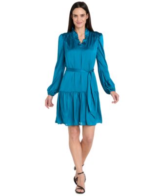 R M Richards Womens V-Neck Charmeuse Ruffl Teal 18