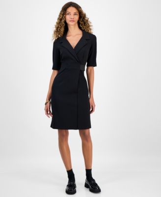 Connected Womens Collared Faux-Wrap Scu Black 12