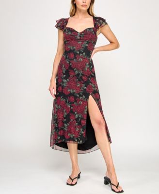 BCX Juniors Sweetheart Neck Midi Black Floral XS