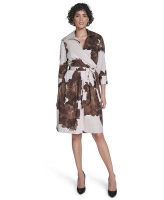 Calvin Klein Womens V-Neck Shirt Dress Coffee Bean Multi 8
