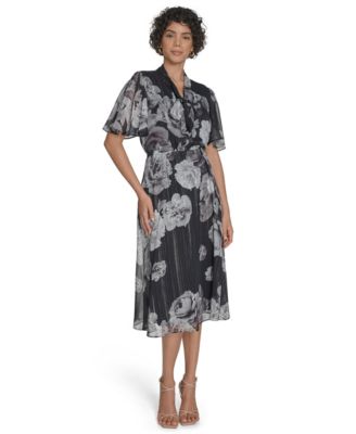 Calvin Klein Womens Flutter Sleeve Midi Dr Blackgrey Multi 4